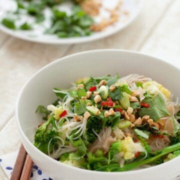 Pickled Ginger Noodle Salad in a bowl topped with coriander, chopped peanuts and fresh red chilli.