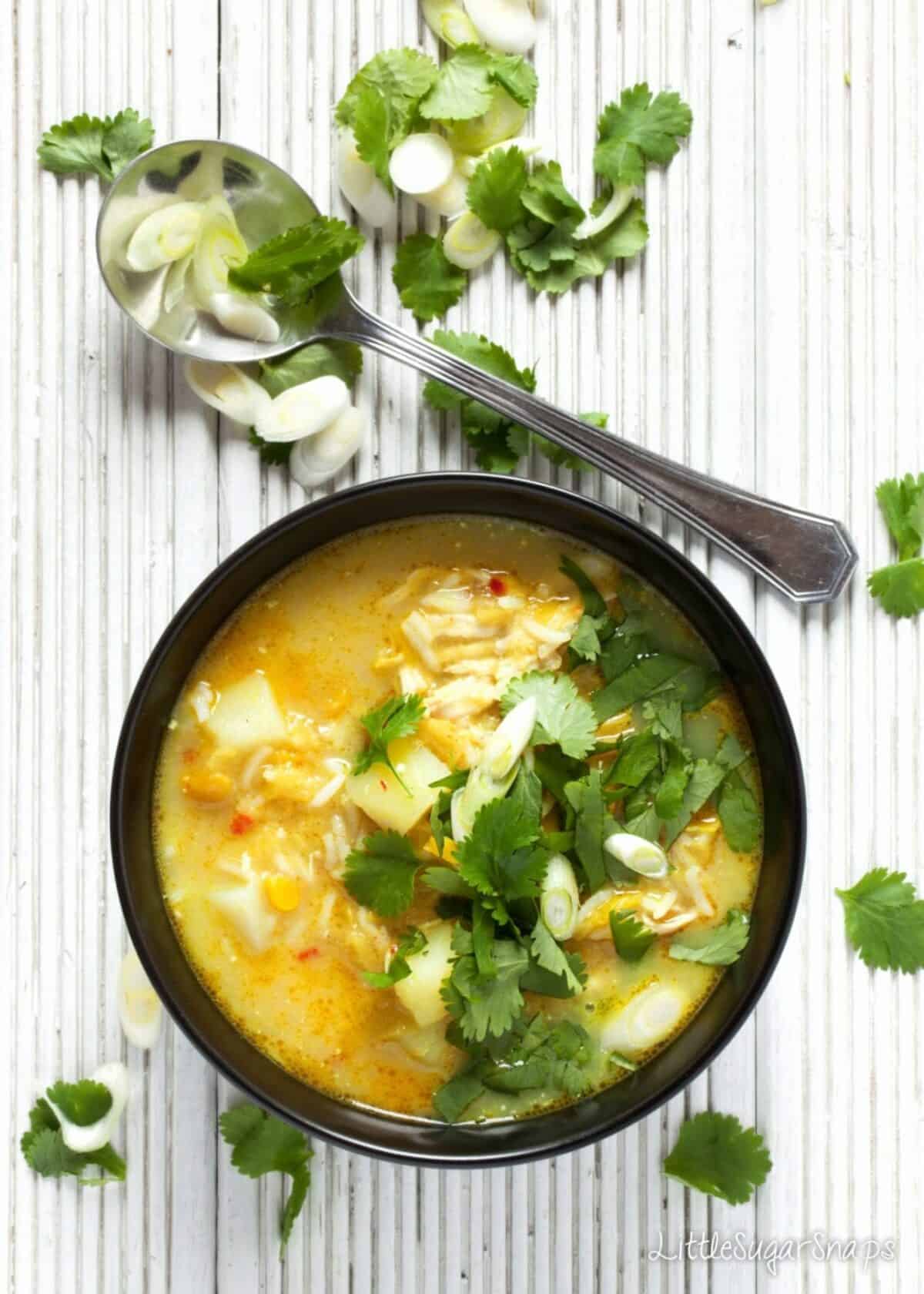 A bowl of Split Pea and Rice Soup with fresh coriander and spring onions.