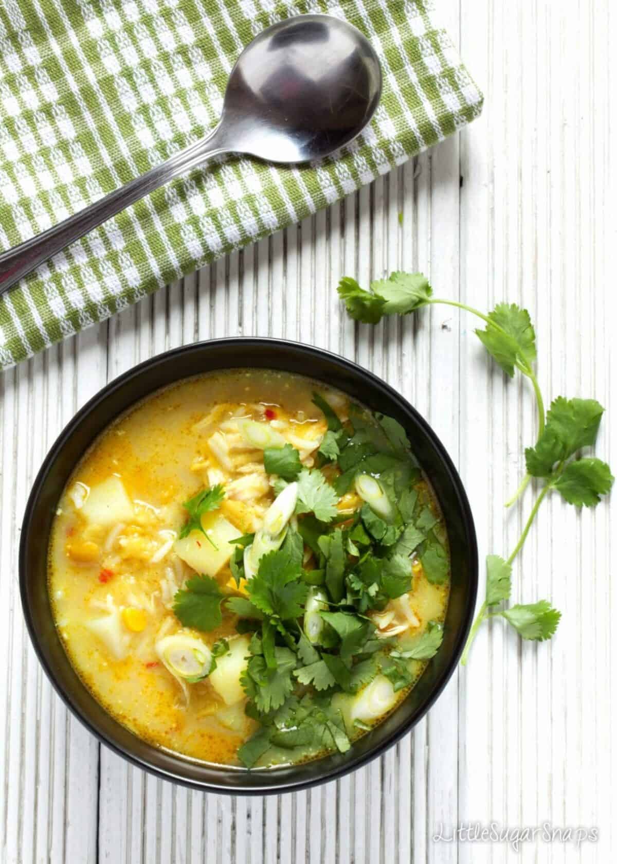 Split Pea and Rice Soup with chicken with coriander leaf and spring onion garnish