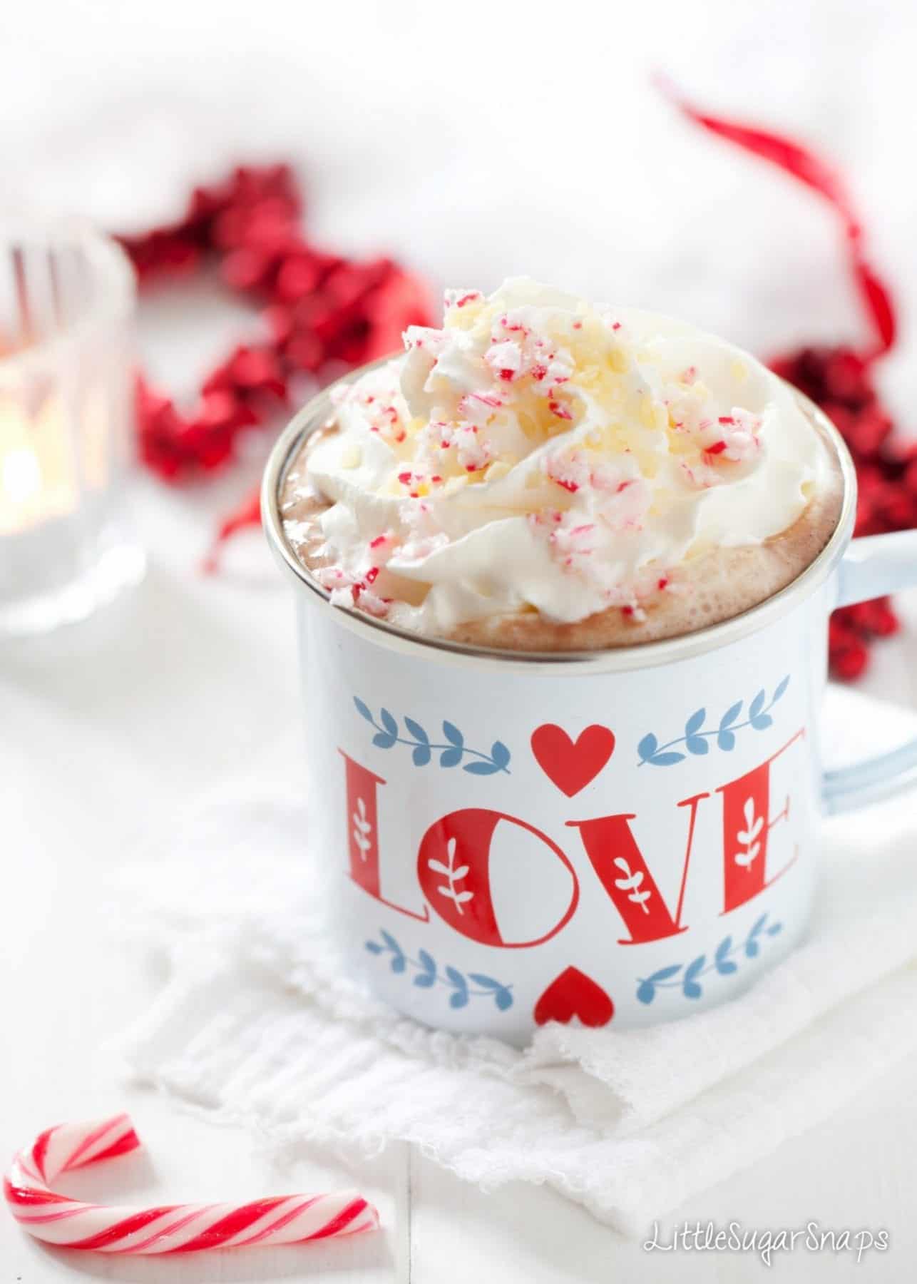 Mug of Hot Chocolate with cream, crushed candy canes & Popping Candy