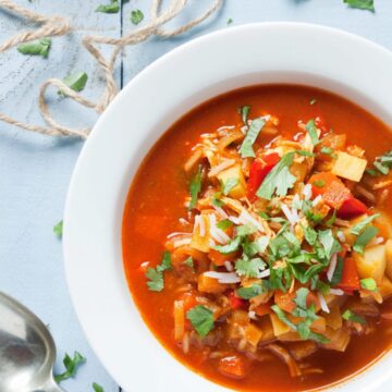 Red Mulligatwany soup in a white bowl. The corner of the bowl is just out of shot. Fresh coriander garnishes the soup