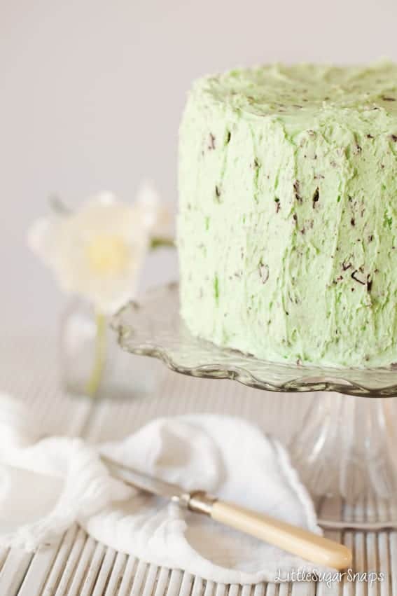 Close up of a cake covered with mint choc chip buttercream