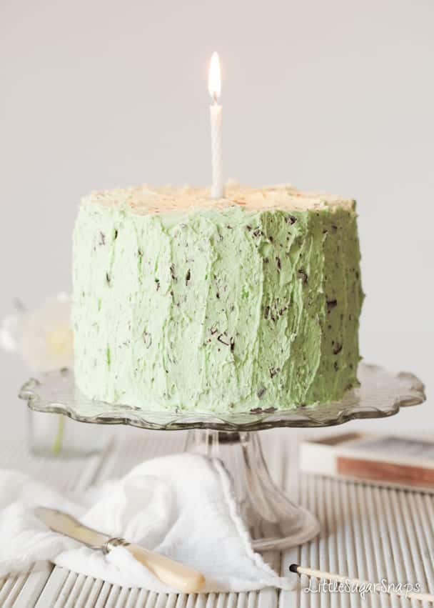 Mint Choc Chip Cake with a candle in it on a stand