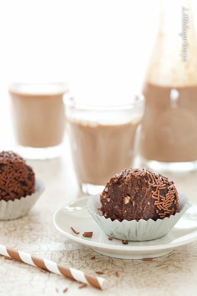 Chocolate rum cake balls served with chocolate milkshake