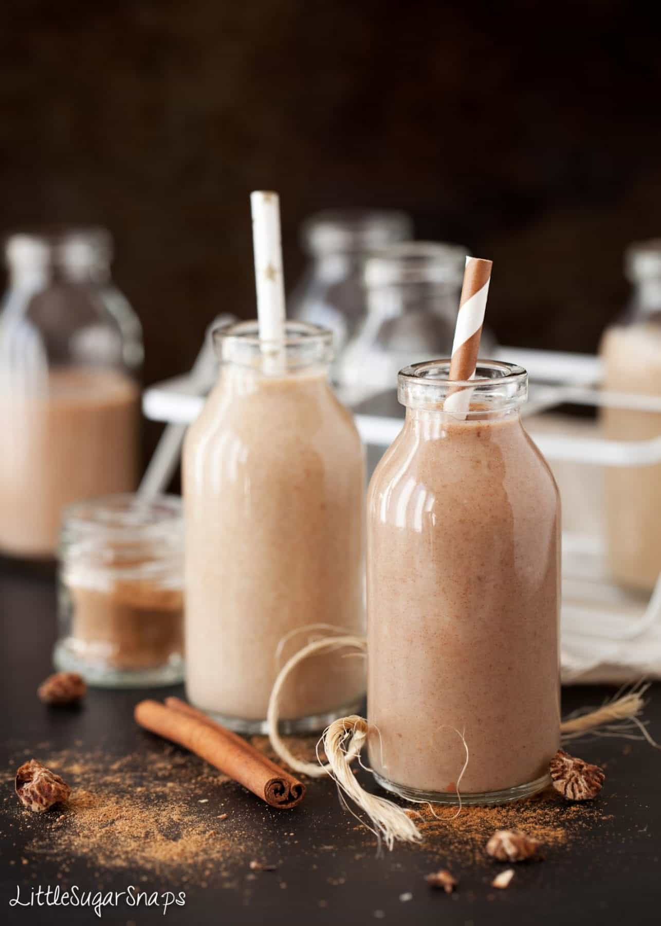 Chocolate date shake in small milk bottles