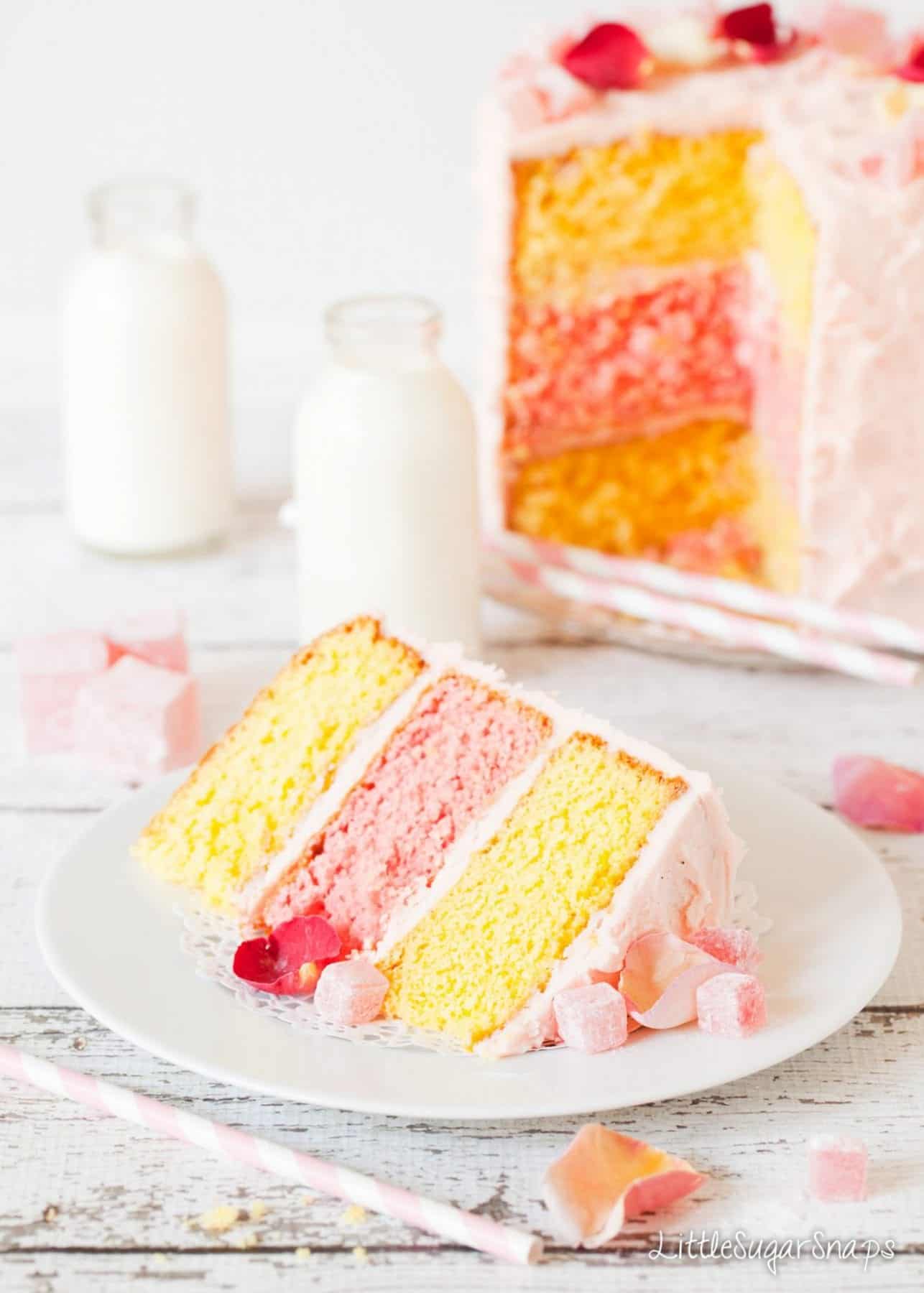 Turkish Delight Layer Cake with pink and yellow sponge layers