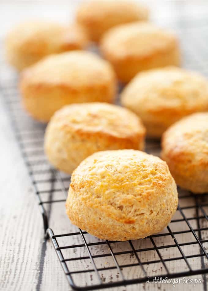 Rows of savoury cheese scones on a cooling rack