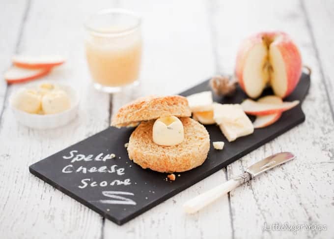 Savoury scone platter with cheese, butter and apple