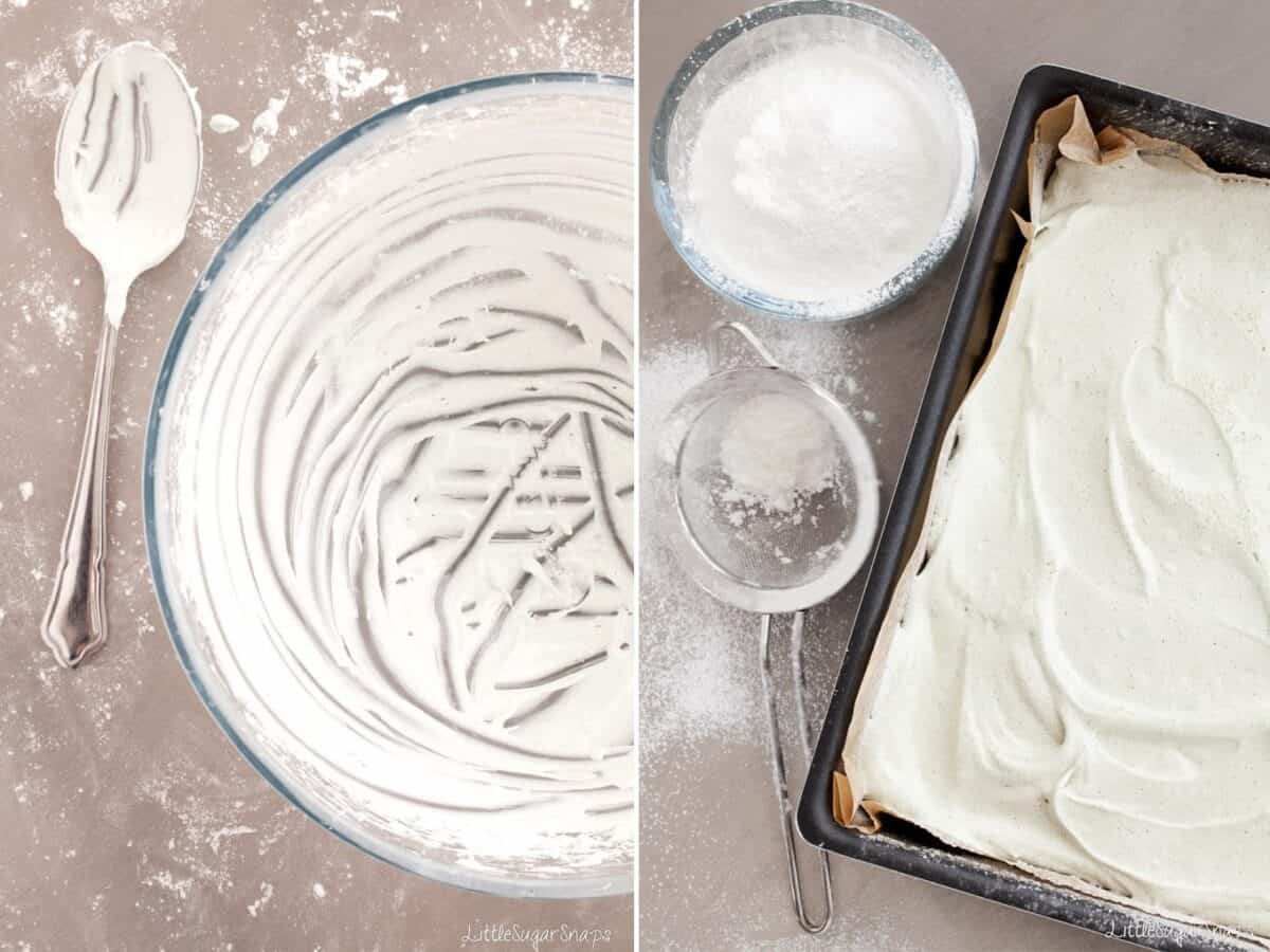 Making marshmallows - transferring from the mixing bowl to a lined baking tin