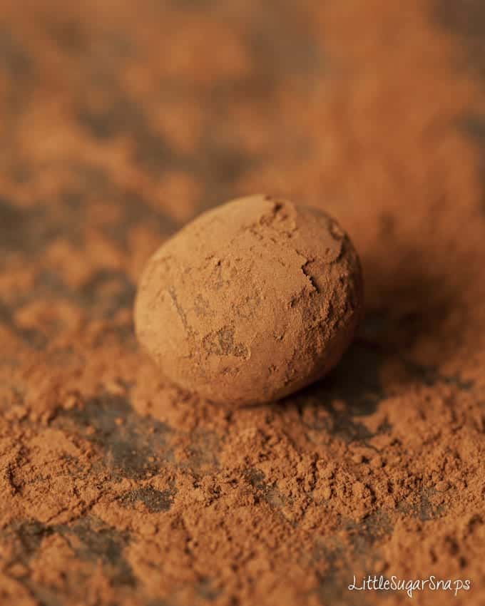 Close up of a homemade Chocolate Truffle on cocoa powder