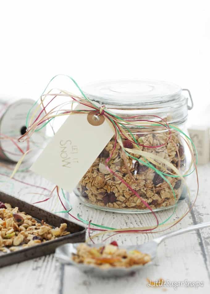 A gift jar of Granola with Ginger, Pistachios and Cranberries