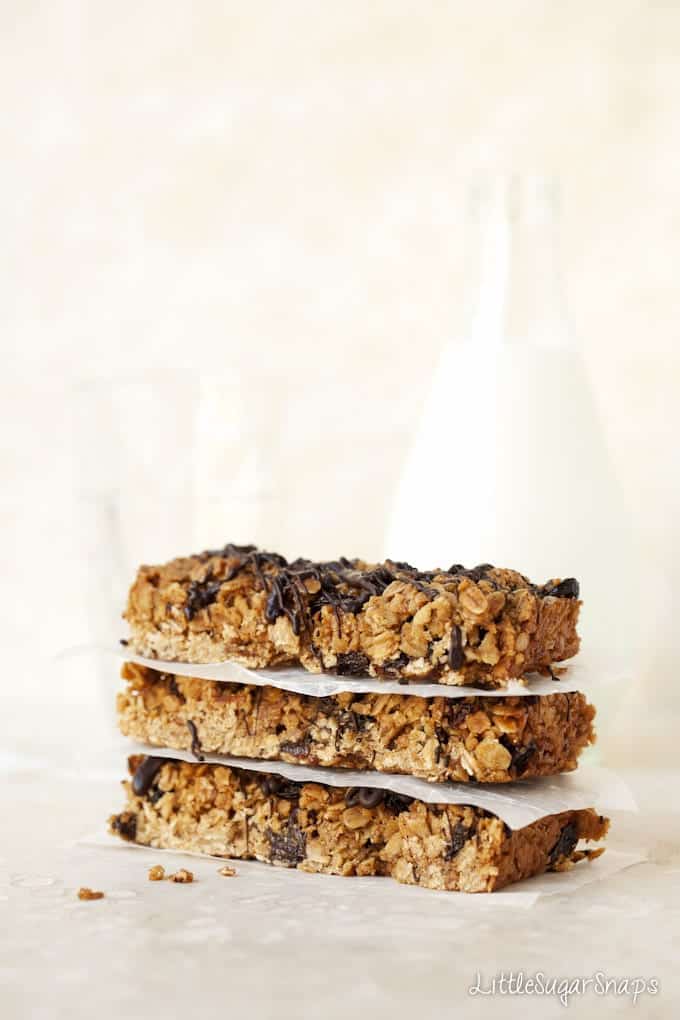 Three pieces of brown sugar flapjack stacked on top of each other