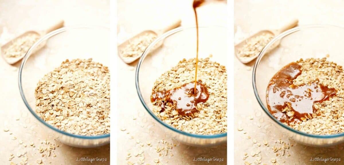 Collage of oat bars being made: mixing oats with melted butter and sugar