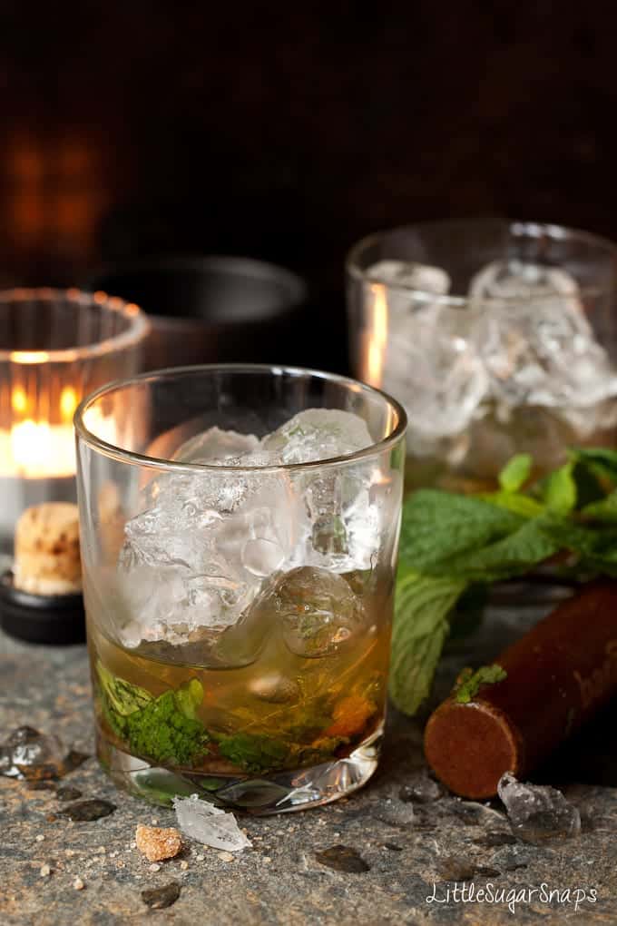 Ingredients for Whisky Ginger Julep in a glass with ice