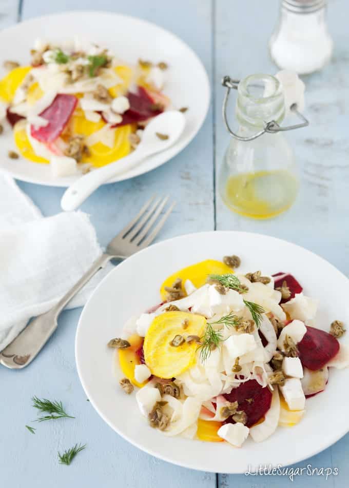 Salad of Golden and red beetroot with fennel, capers and goats cheese