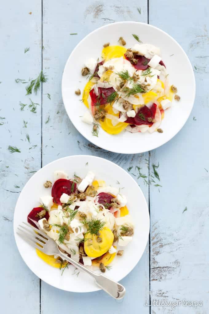 Overhead of Beetroot and Caper Salad with capers, fennel and goats cheese