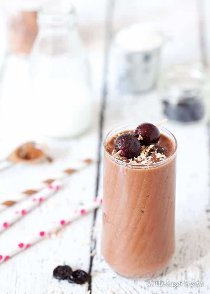 Healthy version of Chocolate Cherry Coconut Shake drink in a glass