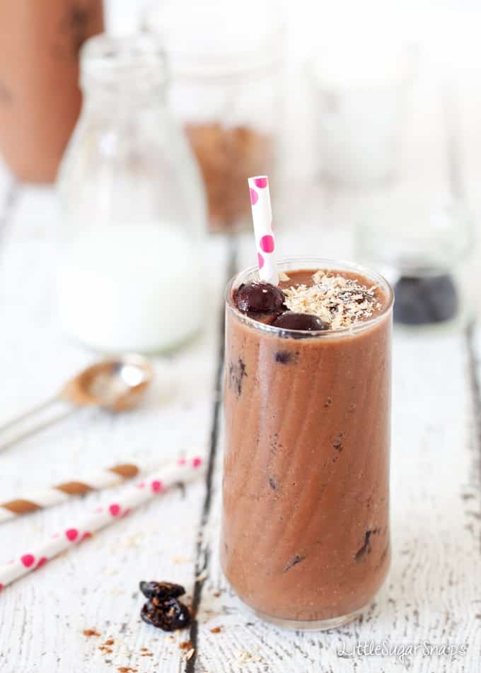 A Skinny Chocolate milkshake garnished with toasted coconut and cherries
