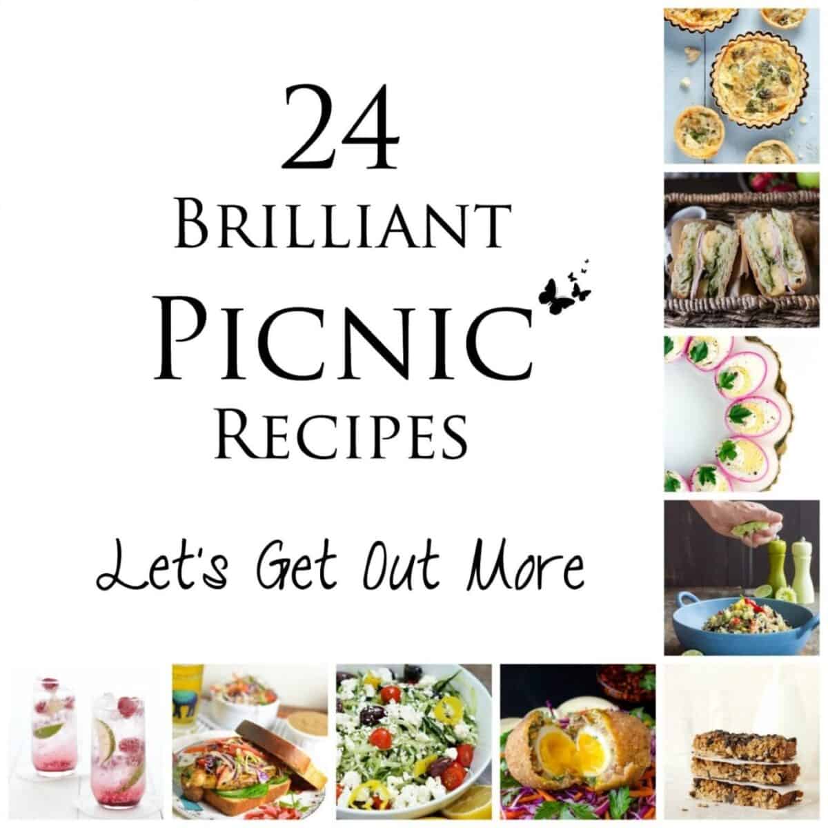 Various images of picnic suitable food with text overlay