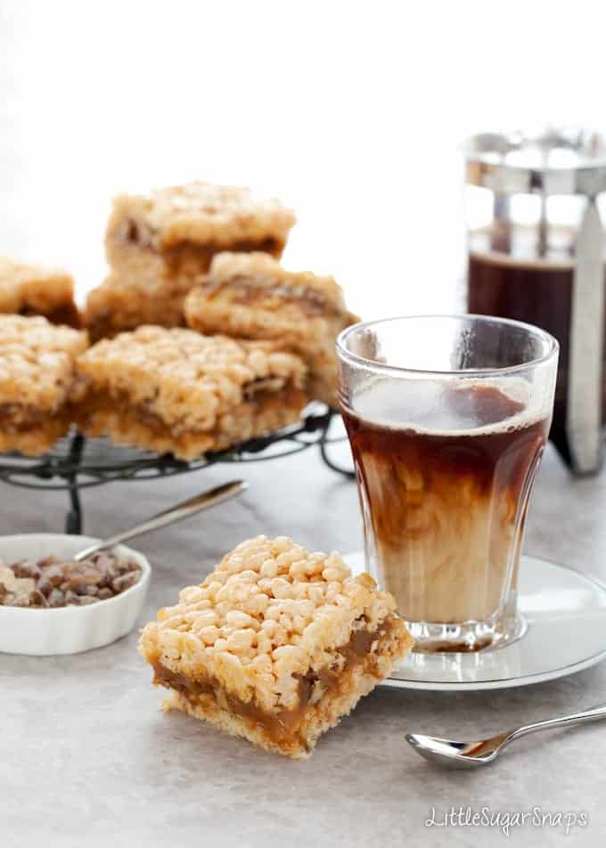 Salted Caramel Pecan Krispie Treat served with coffee