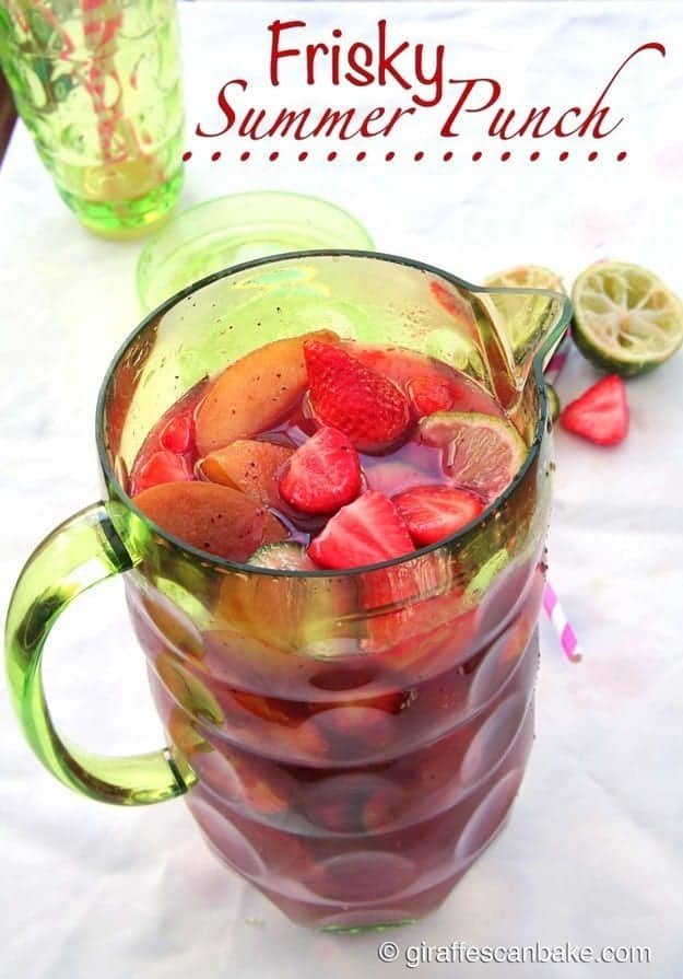 A jug of Frisky Summer Punch with text overlay
