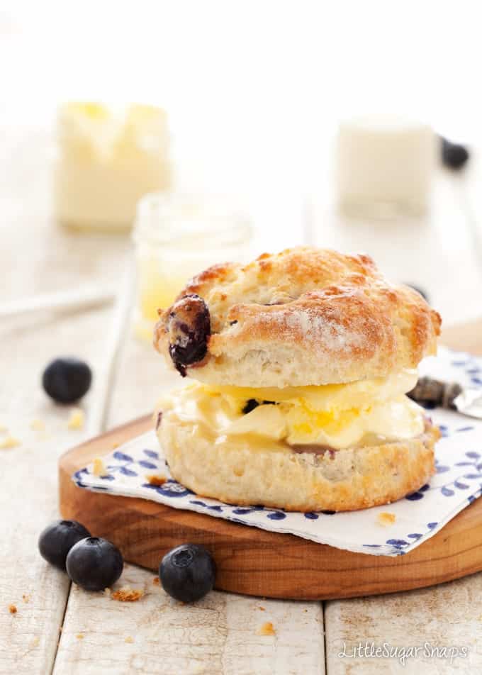 Blueberry Scone filled with lemon curd and clotted cream