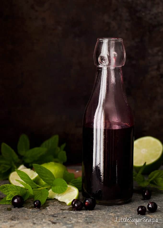 A bottle of blackcurrant syrup next to fruit and mint