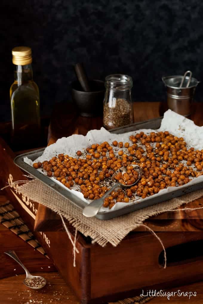 Roasted Chickpeas on a baking sheet.