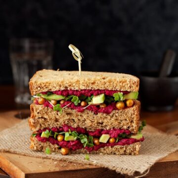 Beet Hummous Roasted Chickpea Avocado Sandwich