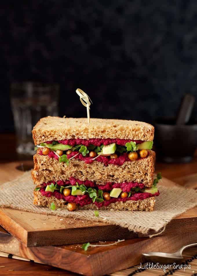 Beet Hummous Roasted Chickpea Avocado Sandwich