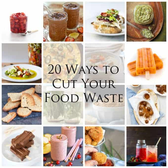 Collage of images with text overlay about cutting food waste