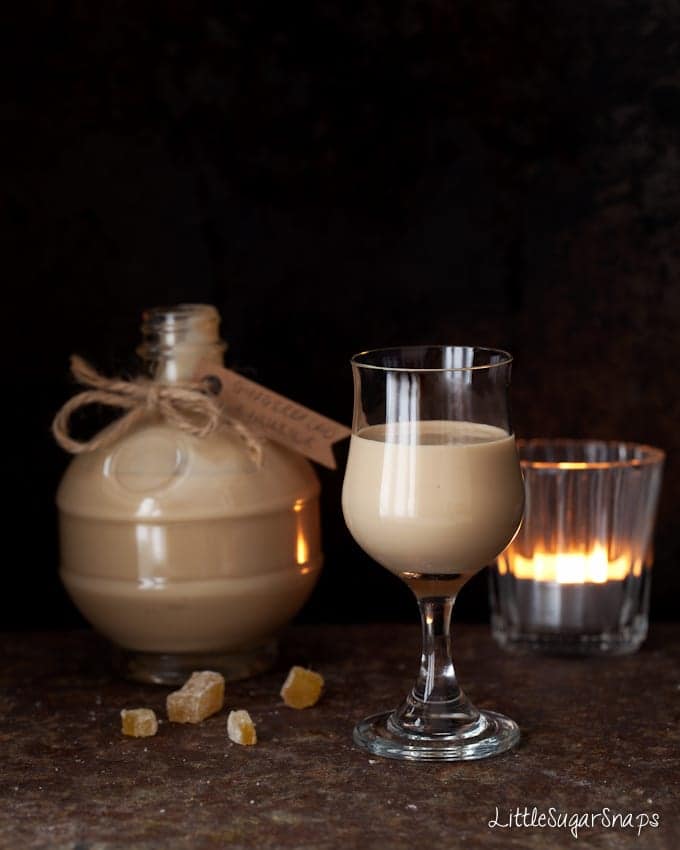 A glass of homemade gingerbread cream liqueur