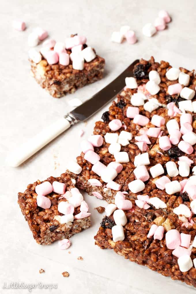 Rocky road style chocolate rice krispie treats