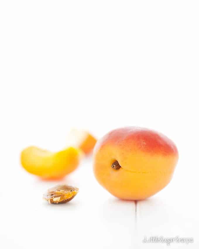 Fresh apricot and an apricot stone on a table