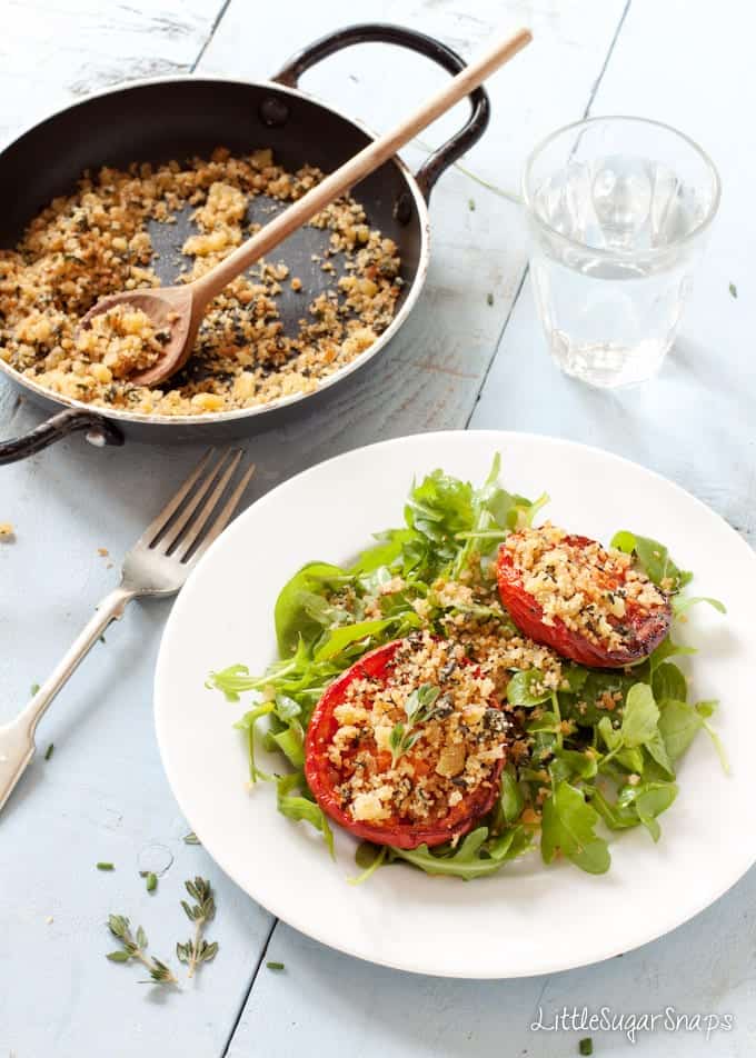 Roast tomatoes topped with herb breadcrumbs