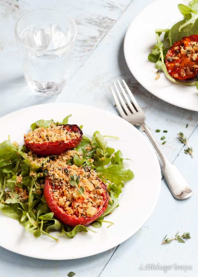 Roast tomatoes topped with herb breadcrumbs