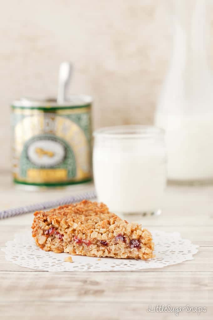 Peanut Butter Flapjack Peanut Butter Flapjack with a layer of jam in the middle.