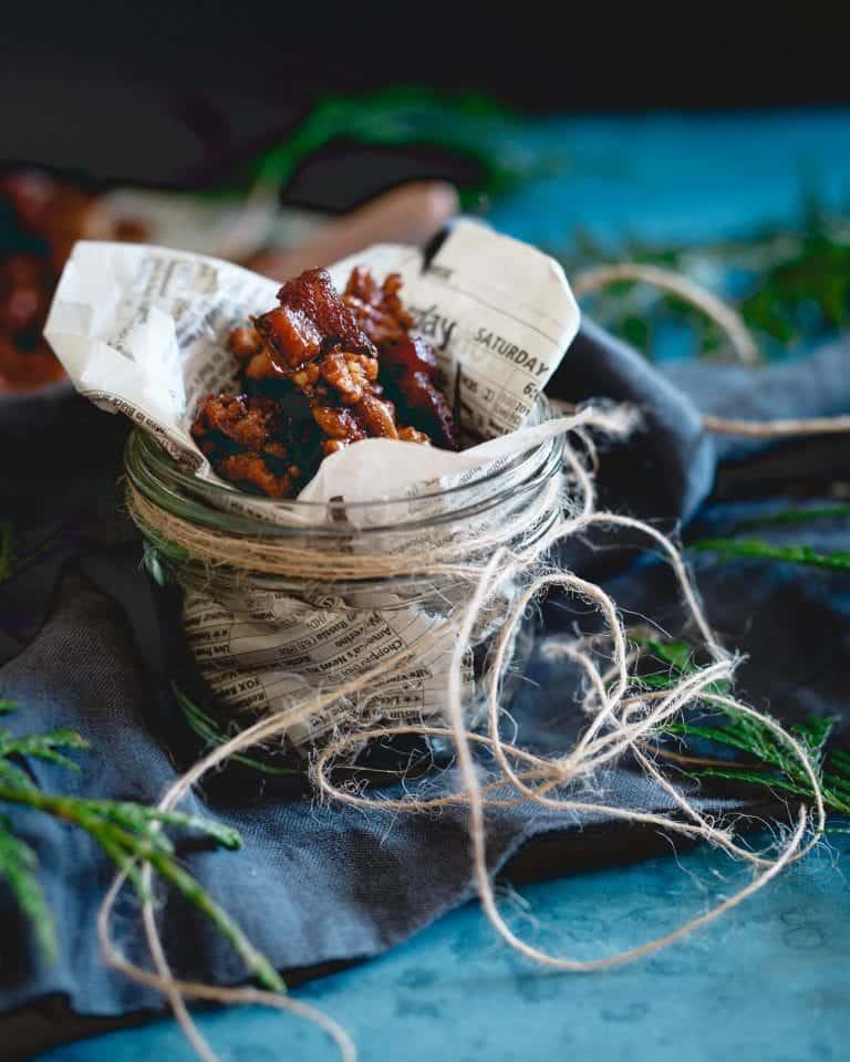 Candied bacon and nut brittle in a jar