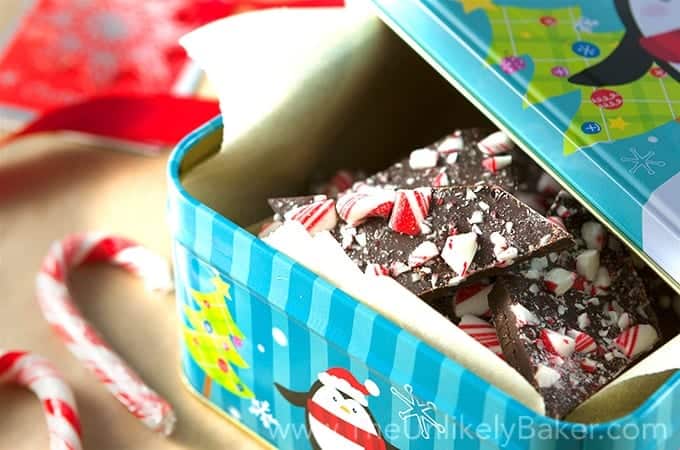 Peppermint candy cane bark in a tin