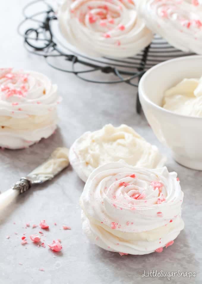 Chocolate Peppermint Meringue Sandwiches being filled