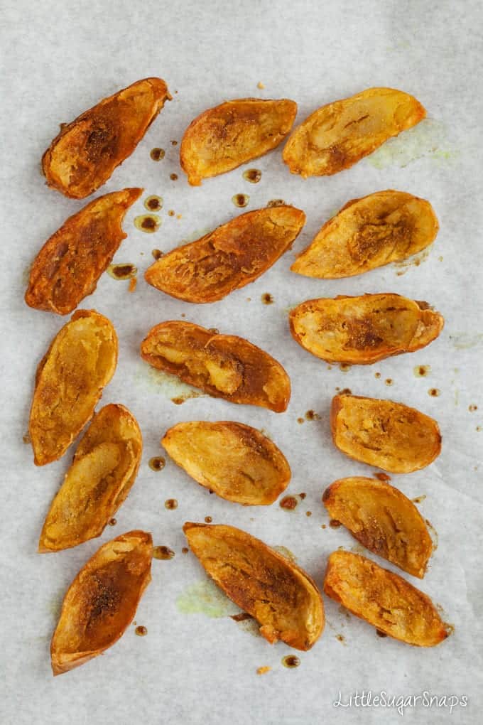 Baked potato skins on a baking sheet