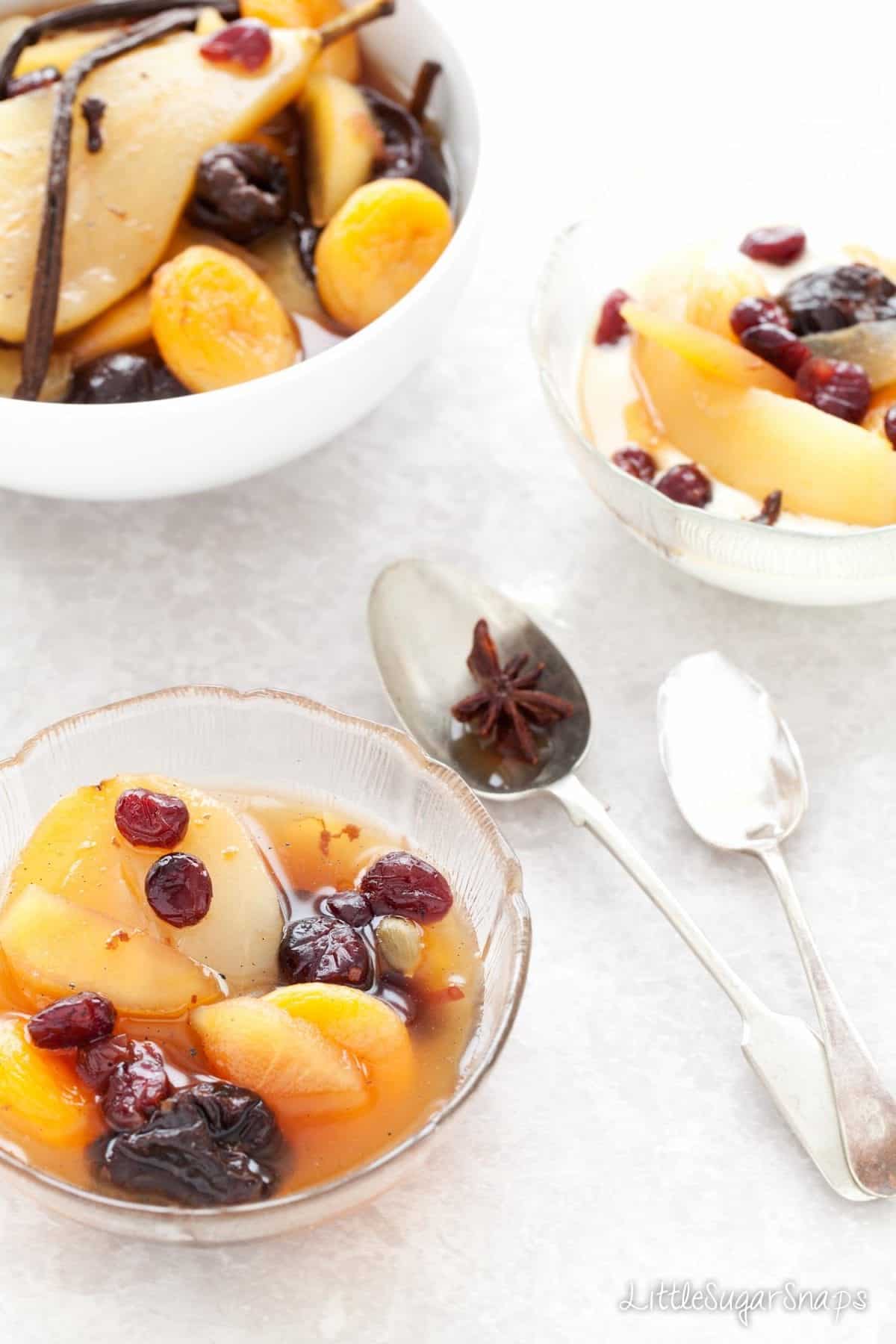 Several bowls of spiced Fruit Compote 