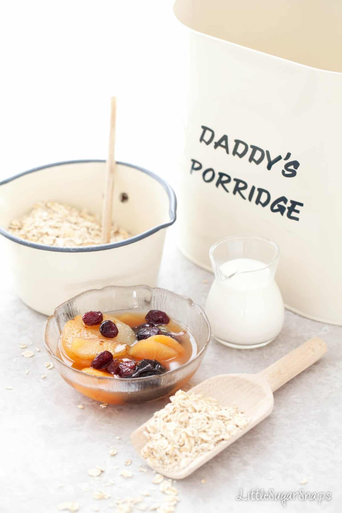 A bowl of Fruit Compote alongside porridge oats