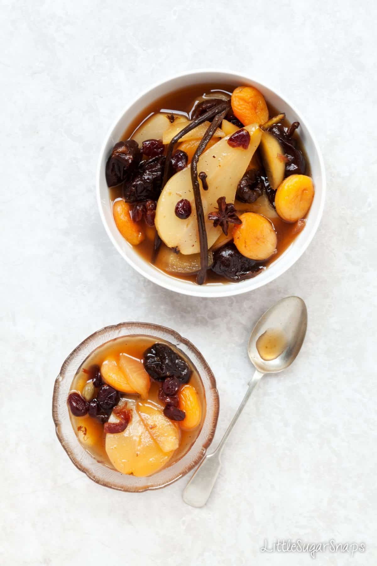 Spiced Fruit Compote including pears, prunes, cranberries and apricots