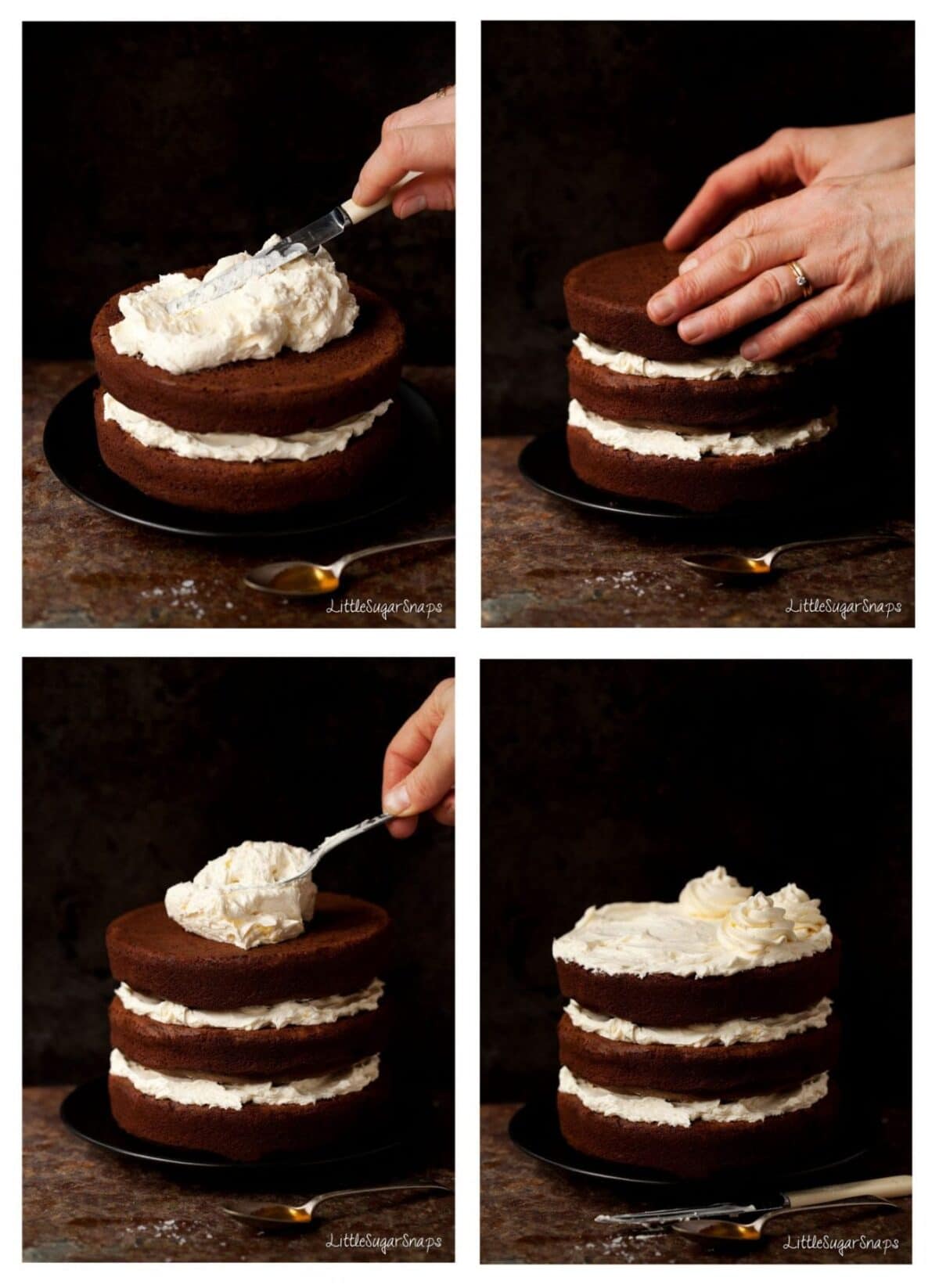 Collage of images showing a chocolate layer cake being decorated.