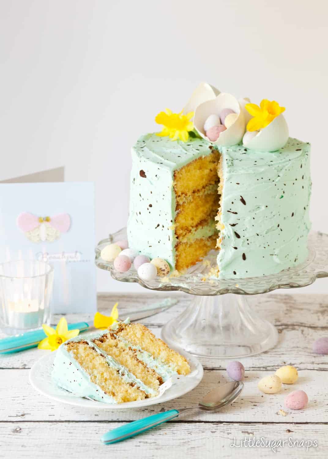 Speckled Egg Cake cut into with a slice on a plate.