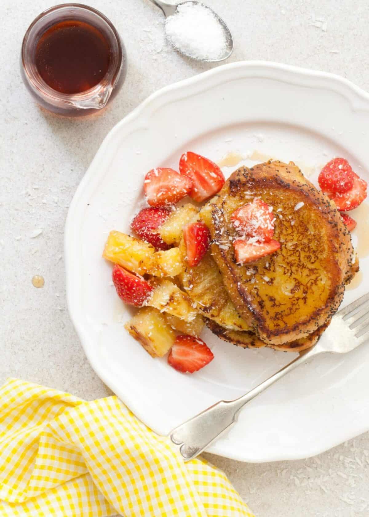 Overhead of Vegan French Toast with pineapple and strawberries