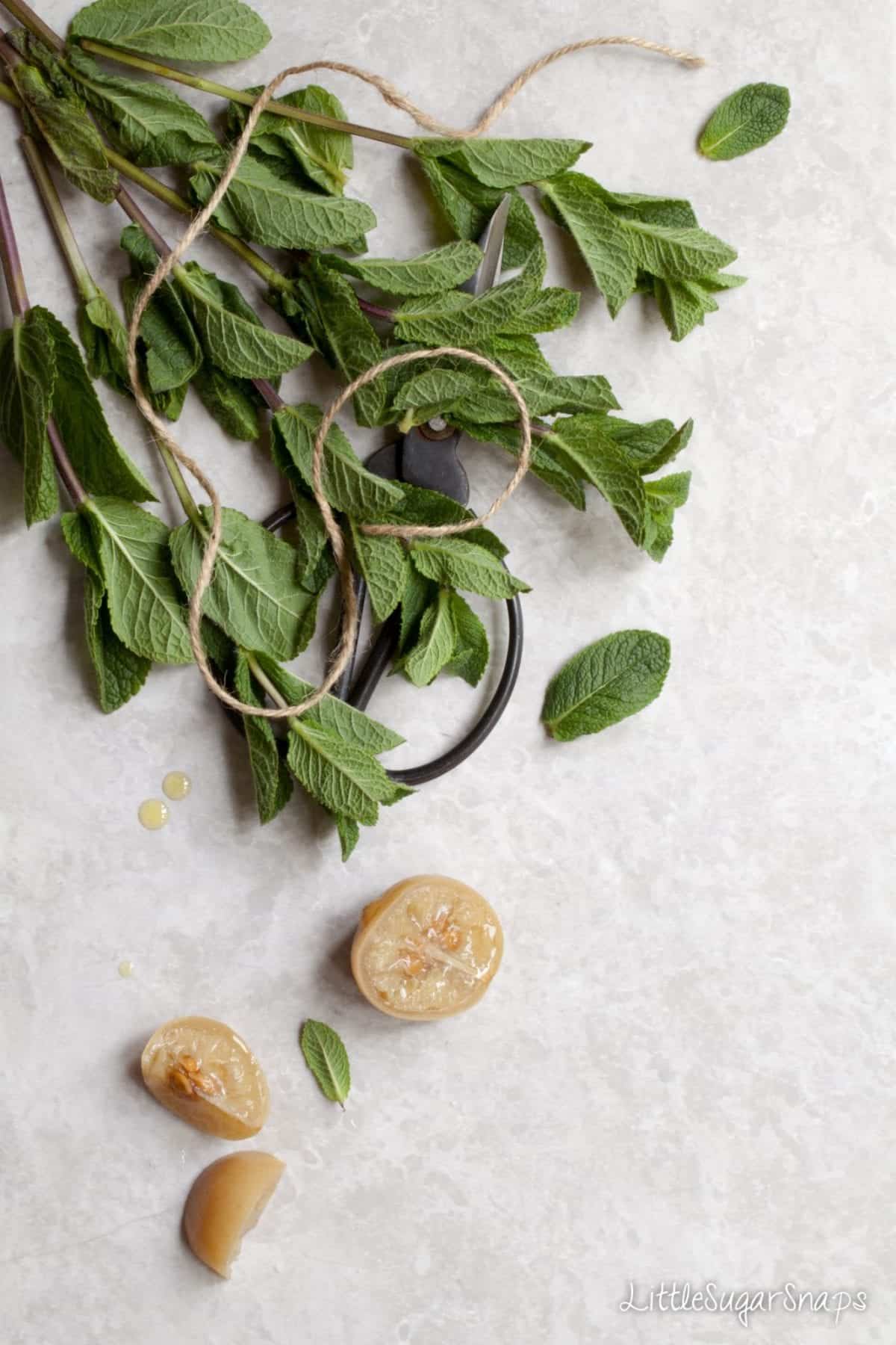 Fresh mint and a chopped preserved lemon on a grey worktop.