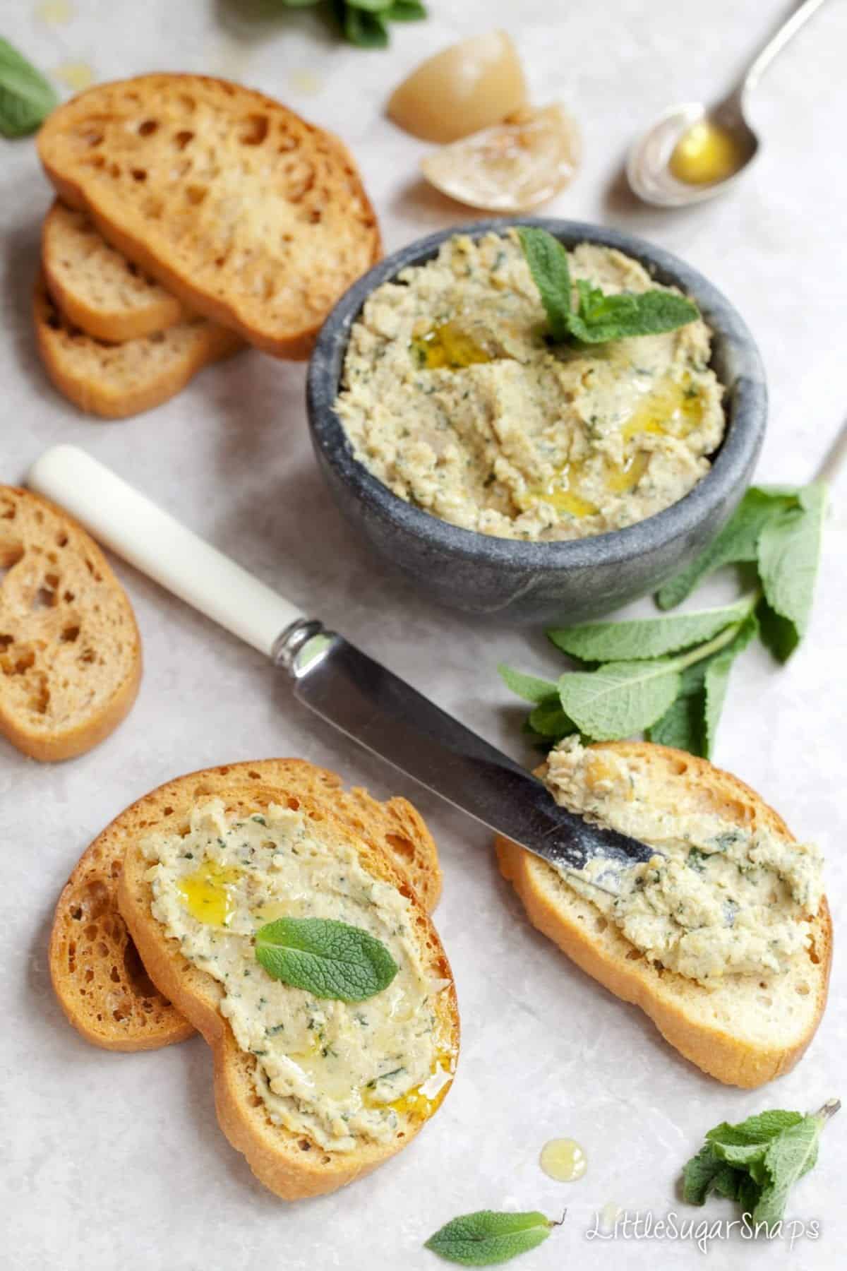 Preserved Lemon & Mint Hummus spread on toasted bread