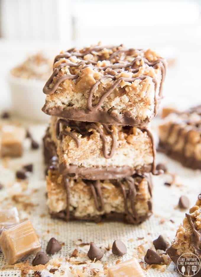 A stack of samoa rice krispie treats